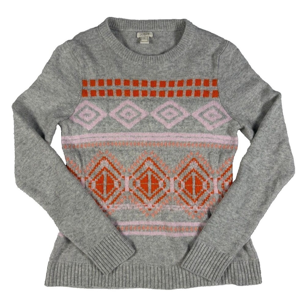 J.Crew Woman Grey Fair Isle Merino Wool Blend Crew Neck Pullover Sweater size M